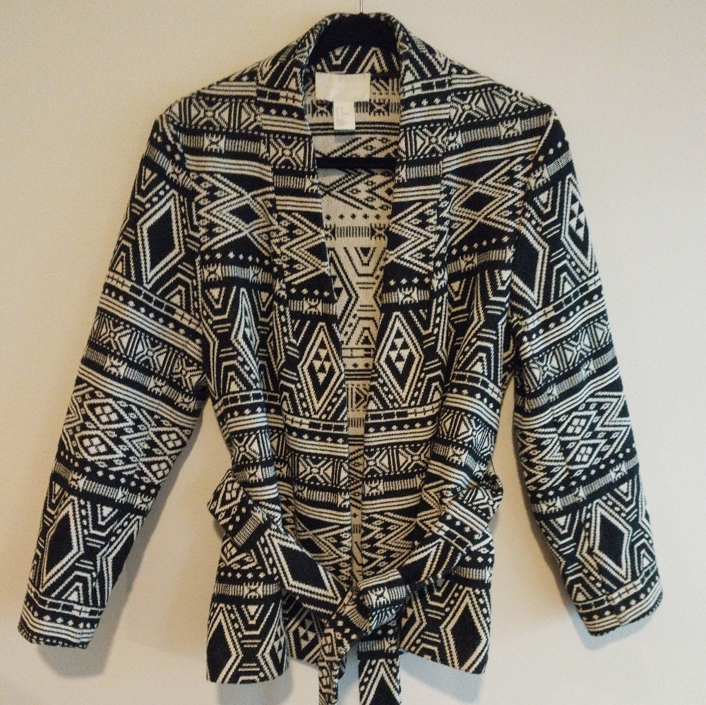 H&M Conscious Black & White Southwest Cotton Open Blazer W/Belt